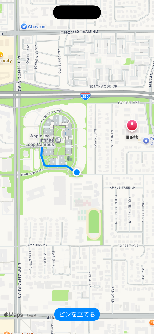 軌跡とピンをマップに表示するアプリの動作画面