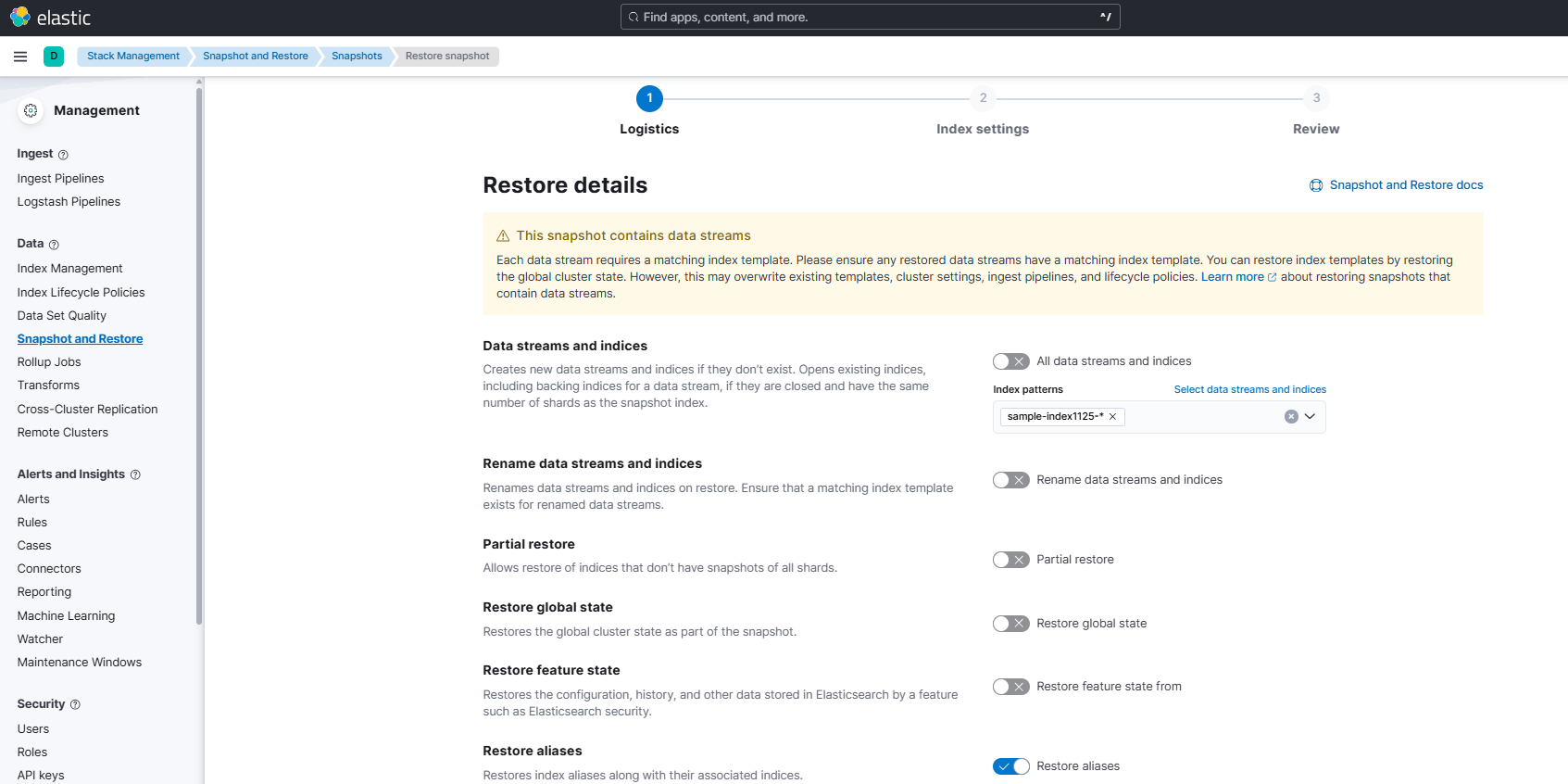 Restore時の設定画面1ページ目